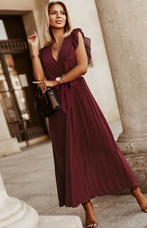 WW | Damen Strand Sexy Lotusblatt Ärmel Chiffon Plissee Rock Einfarbig Kleid