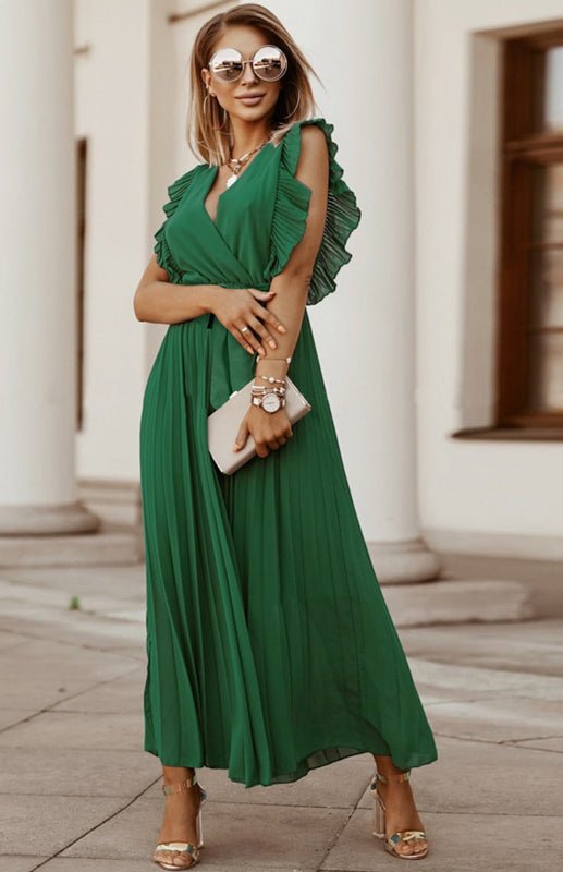 WW | Women's Beach Sexy Lotus Leaf Sleeve Chiffon Pleated Skirt Solid Color Dress