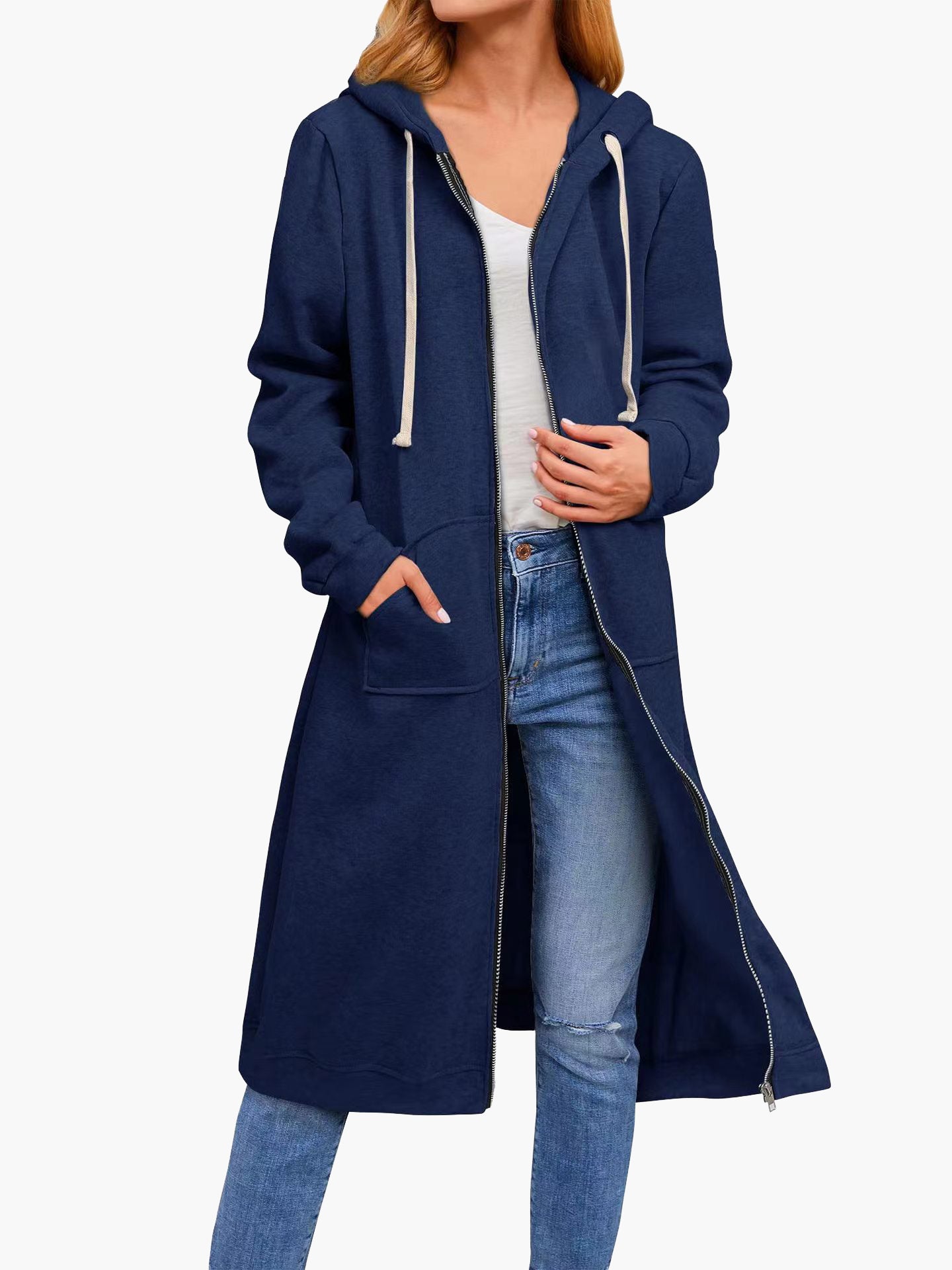 WW | Damen Strickjacke Lässig Reißverschluss Taschen Kapuze Strickjacke Lang