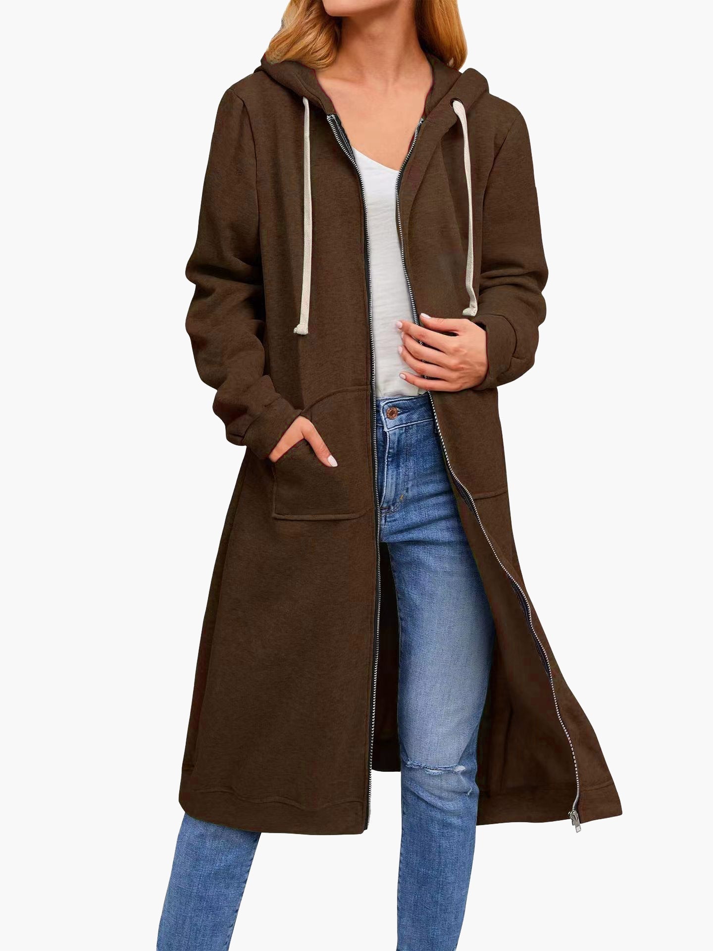 WW | Damen Strickjacke Lässig Reißverschluss Taschen Kapuze Strickjacke Lang