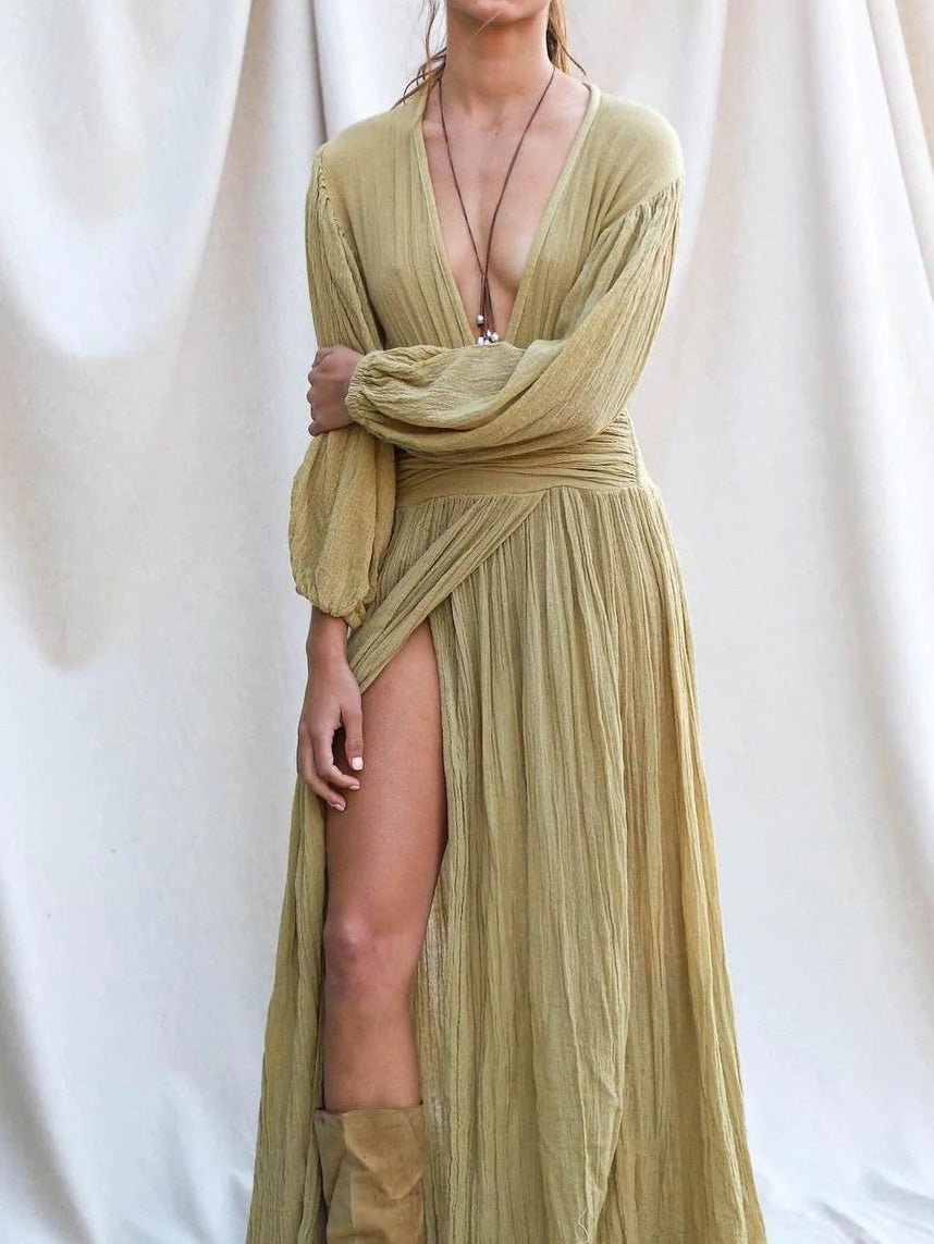 WW | Damen Kleider Baumwolle Leinen V-Ausschnitt Ballonärmel Schlitz Kleid