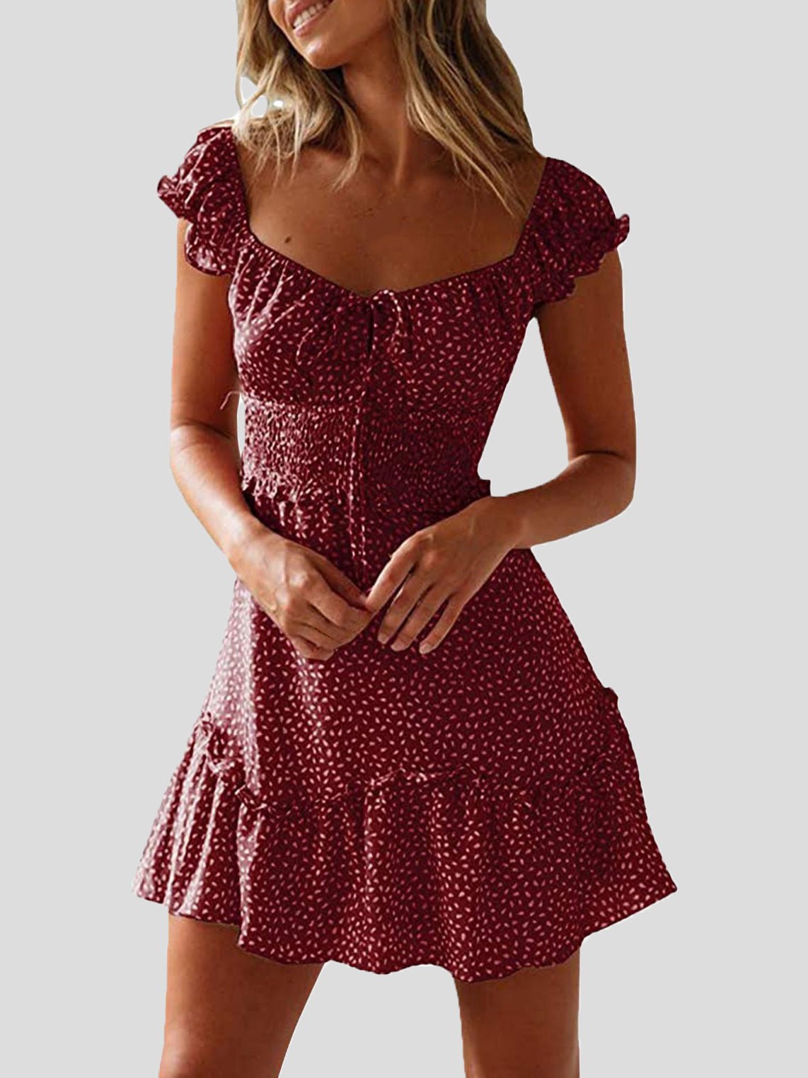 WW | Damenkleider Blumenmuster U-Ausschnitt Knoten Rüsche Kleid