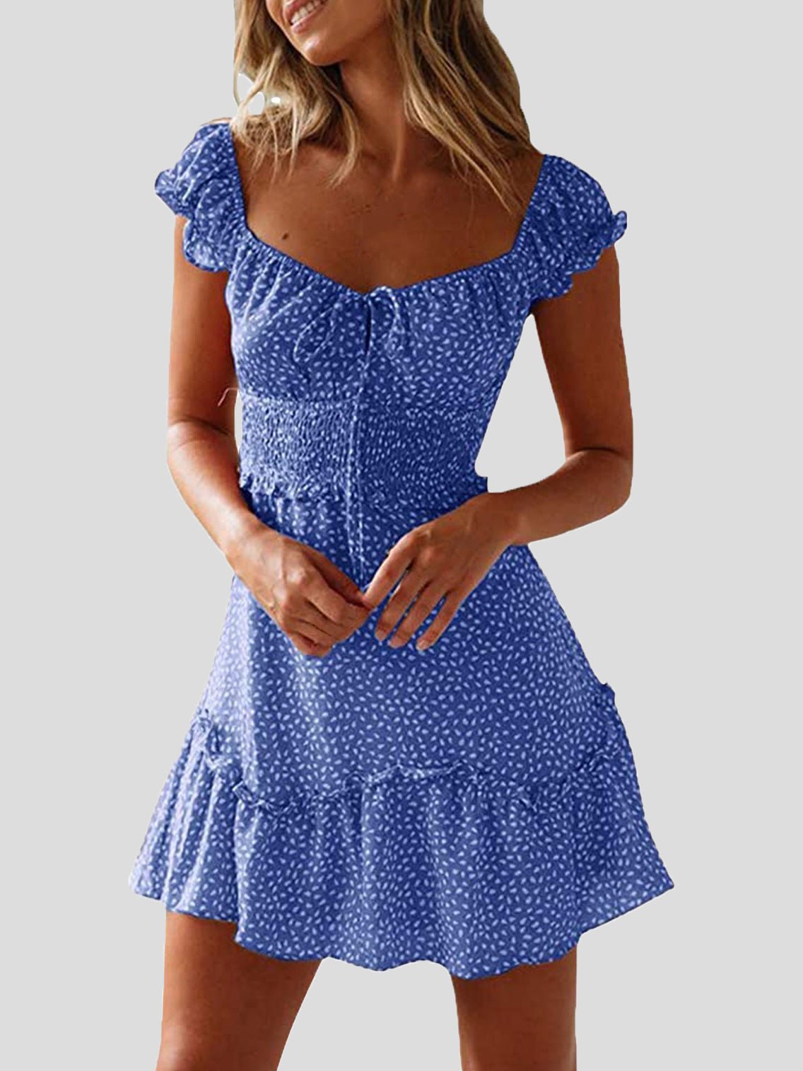 WW | Damenkleider Blumenmuster U-Ausschnitt Knoten Rüsche Kleid