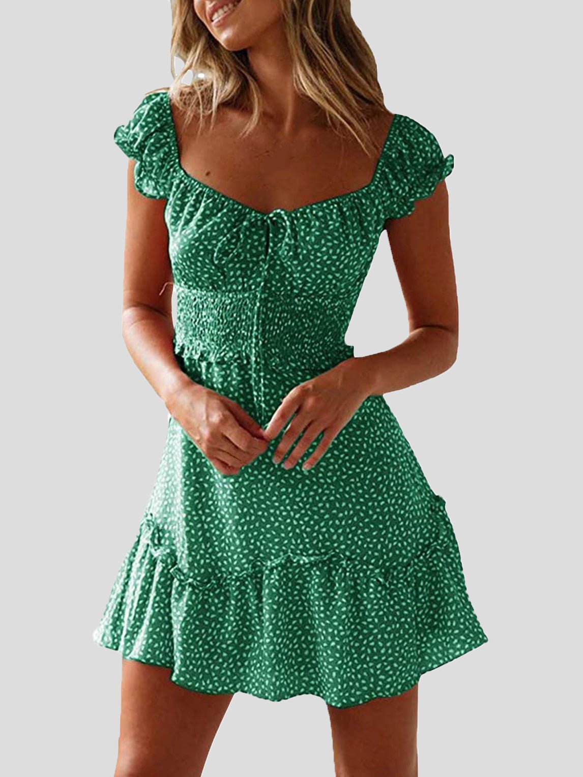 WW | Damenkleider Blumenmuster U-Ausschnitt Knoten Rüsche Kleid
