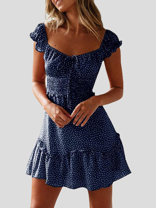 WW | Women's Floral Print U-Neck Knot Ruffle Dress