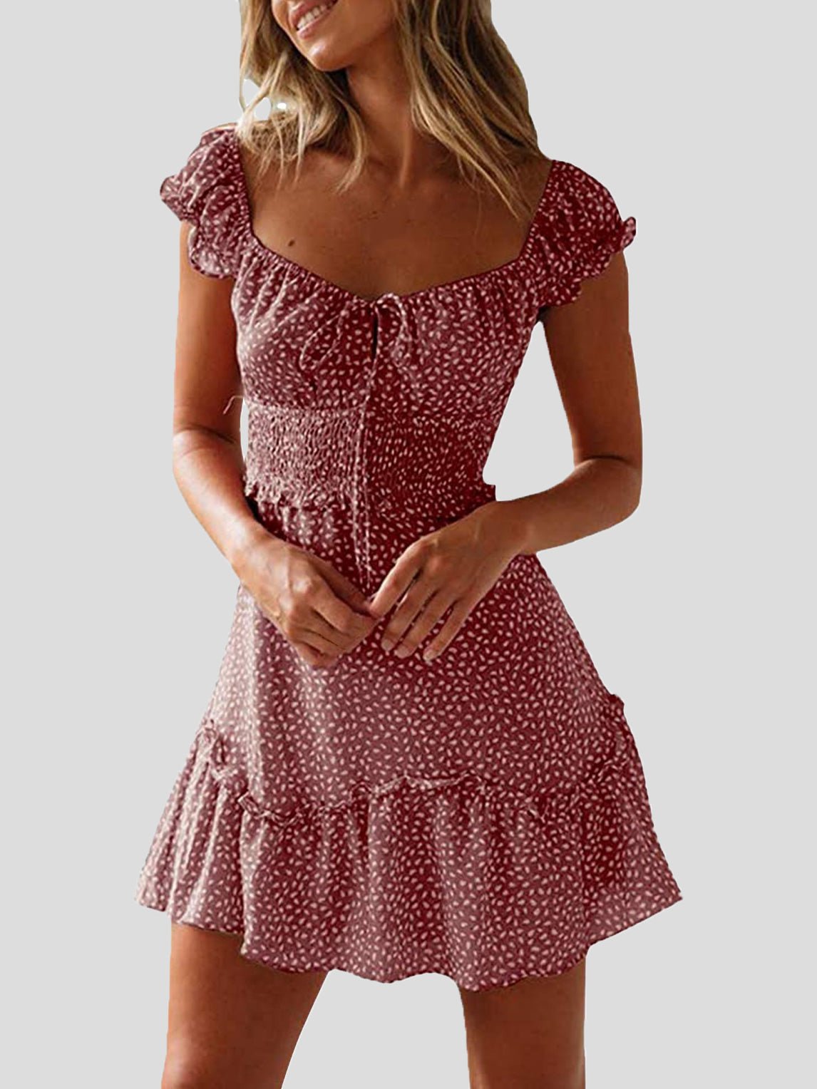 WW | Damenkleider Blumenmuster U-Ausschnitt Knoten Rüsche Kleid