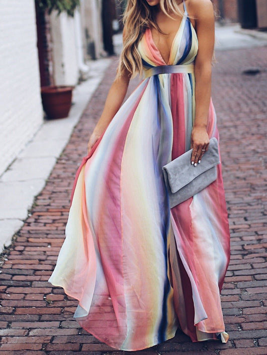 WW | Women's Dresses Rainbow Print Strappy Backless Dress