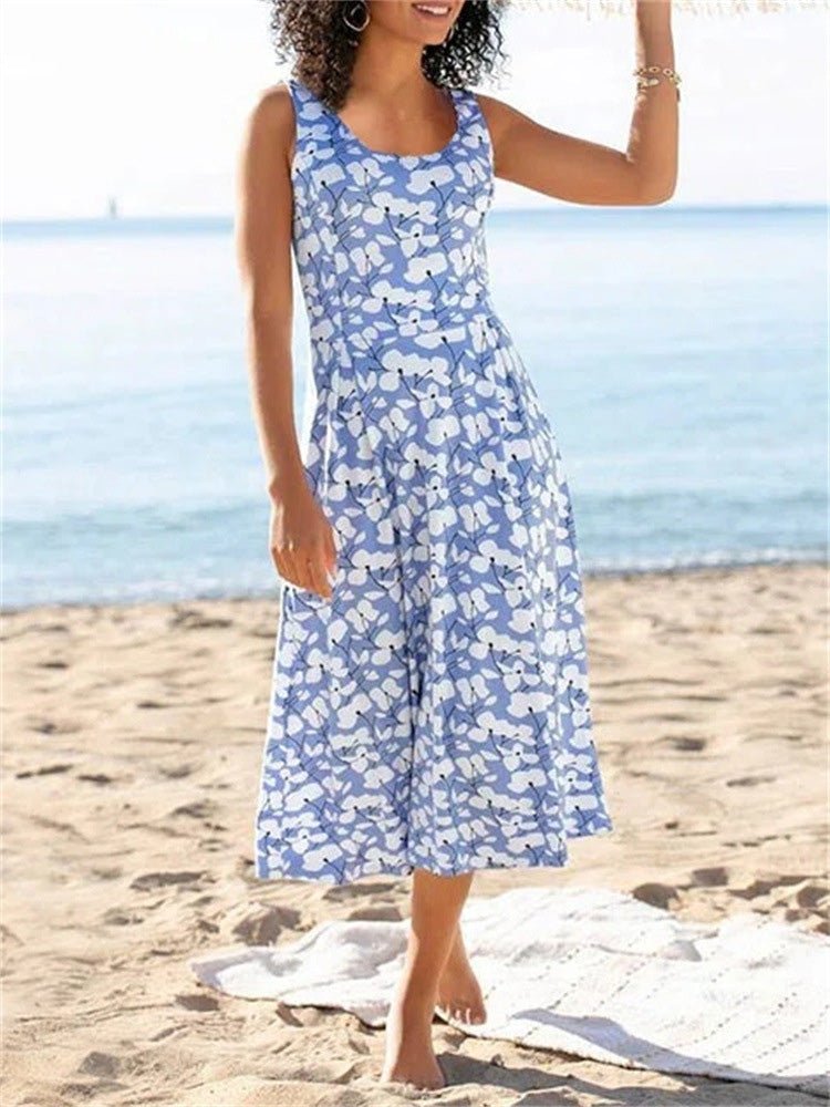 WW | Frauen Kleider Rundhals Blumengemustertes Ärmelloses Kleid