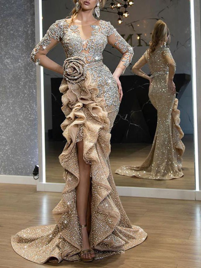 WW | Damenkleider Glänzend Unregelmäßiger Volant Abendkleid