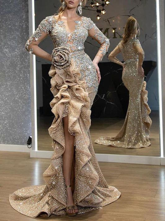 WW | Damenkleider Glänzend Unregelmäßiger Volant Abendkleid