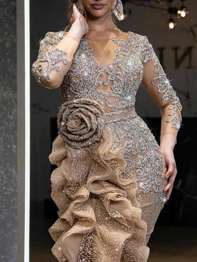 WW | Damenkleider Glänzend Unregelmäßiger Volant Abendkleid