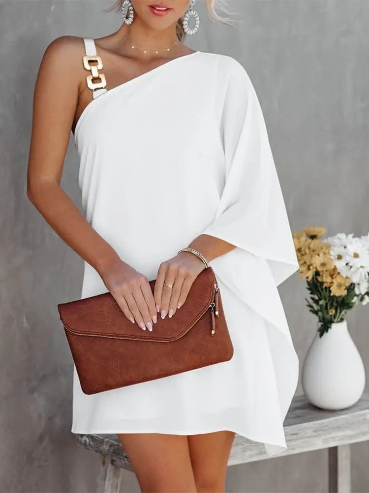 WW | Damenkleider Solid Metallträger Off-Shoulder Puppenärmel Kleid
