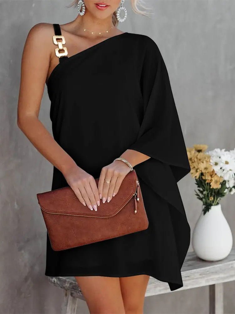 WW | Damenkleider Solid Metallträger Off-Shoulder Puppenärmel Kleid