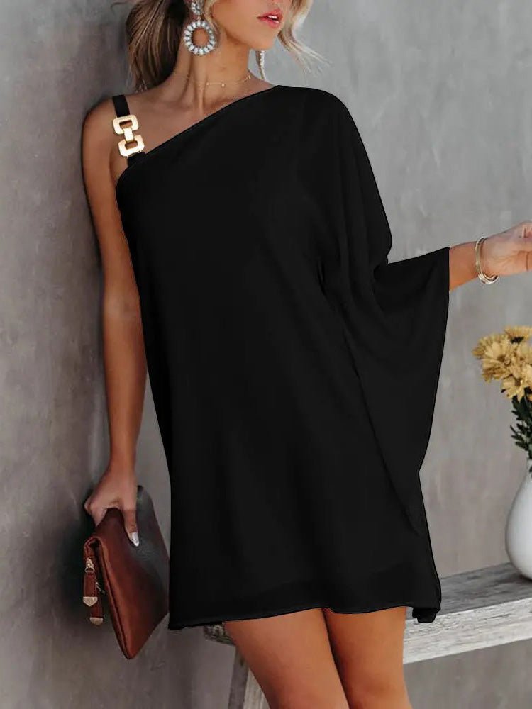 WW | Damenkleider Solid Metallträger Off-Shoulder Puppenärmel Kleid