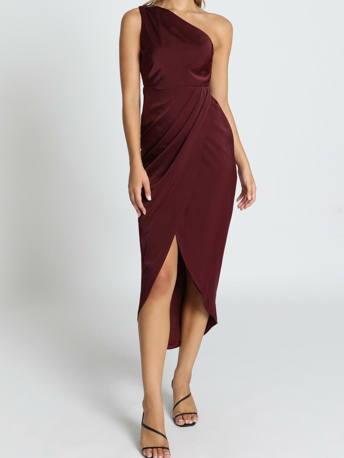 WW | Damen Kleider Einfarbig Ein Schulter Ärmlos Unregelmäßig Schlitz Kleid