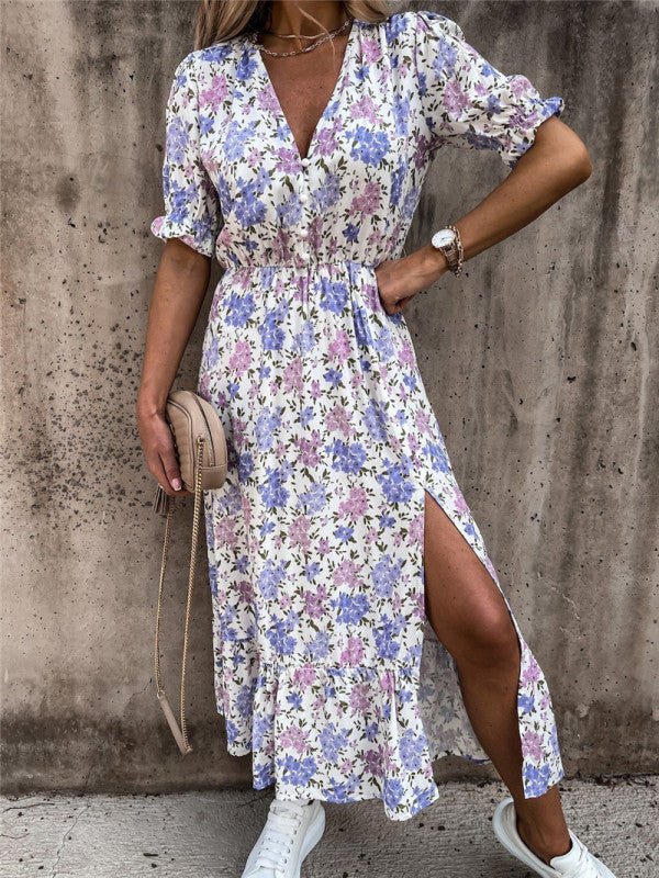 WW | Frauen Blumenmuster Kurzarm V-Ausschnitt Kleid