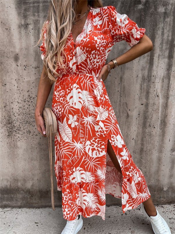 WW | Frauen Blumenmuster Kurzarm V-Ausschnitt Kleid