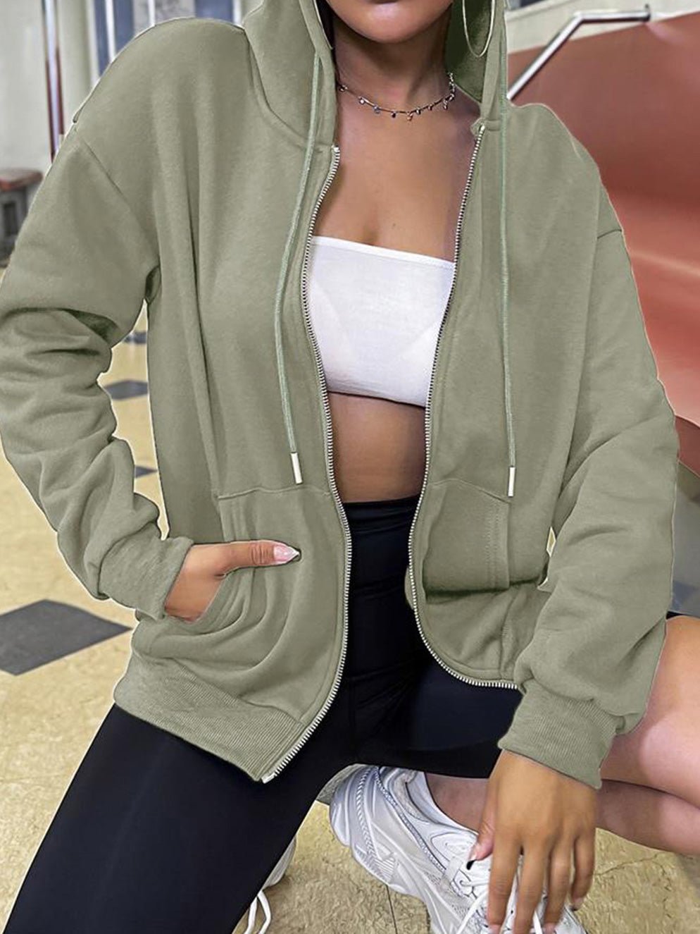 WW | Frauen Hoodie Lässig Einfarbig Reißverschluss Tasche Langarm Hoodie