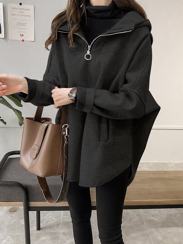 WW | Damen Hoodie Lässiger Wind Wolle Mittel Lang Pullover Hoodie