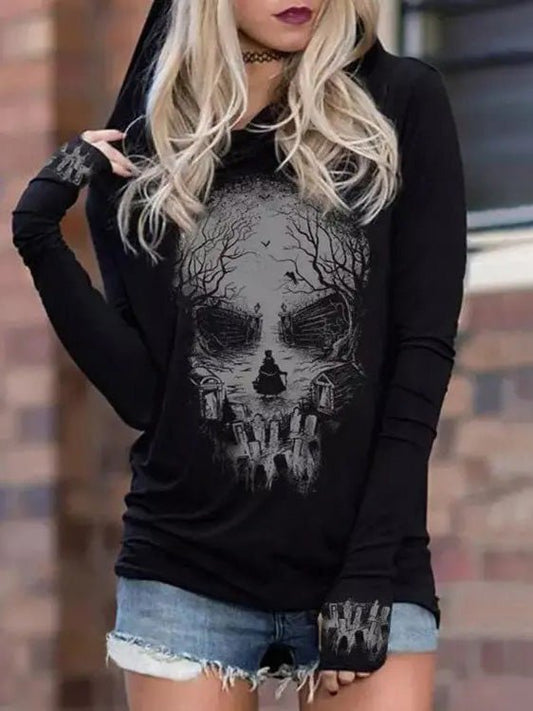 WW | Damen Kapuzenpullover mit Totenkopfprint Langarm Kapuzenpullover