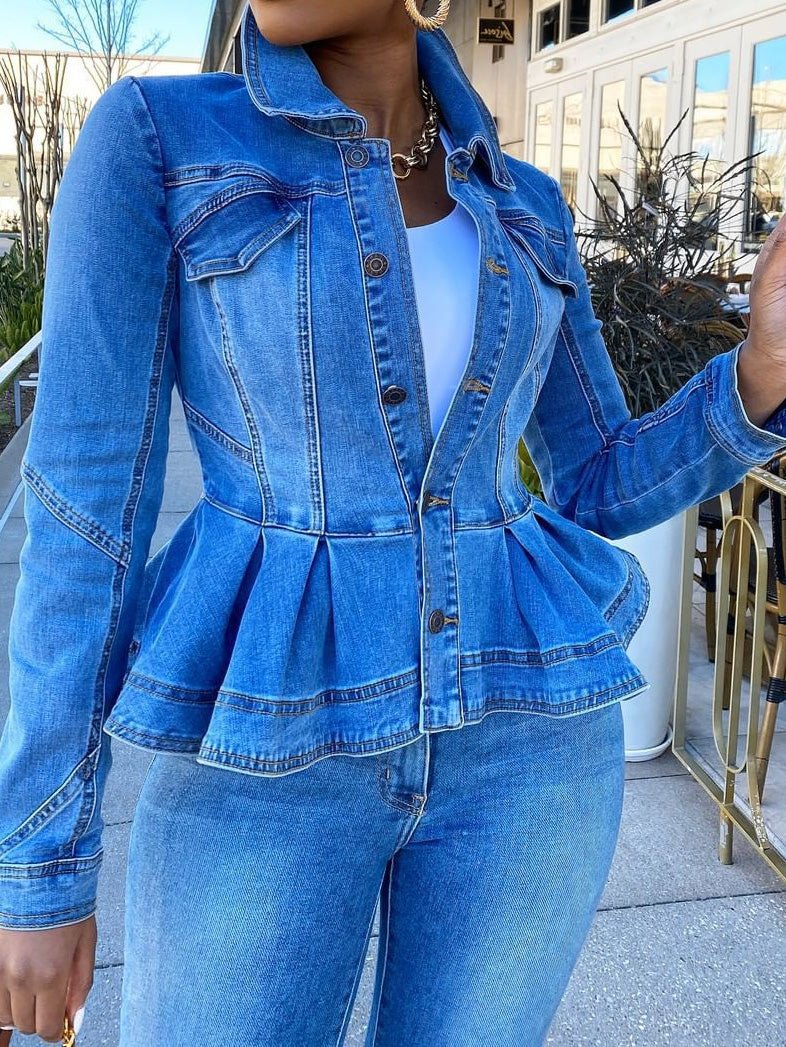 WW | Damen Jacken Knopf Volant Lange Ärmel Denim Jacke