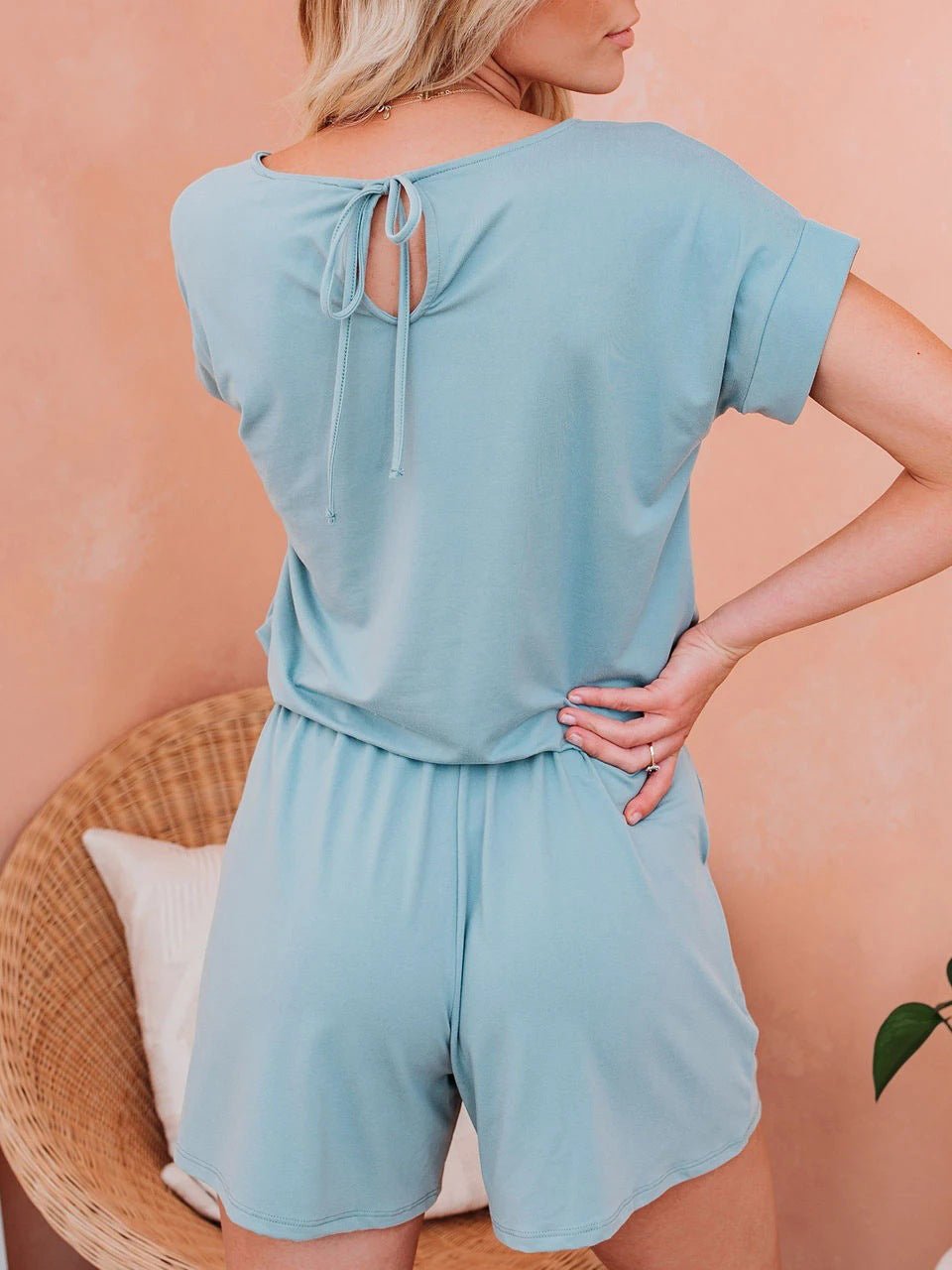 WW | Women's Jumpsuits Solid Short Sleeve Lace-Up Casual Jumpsuit