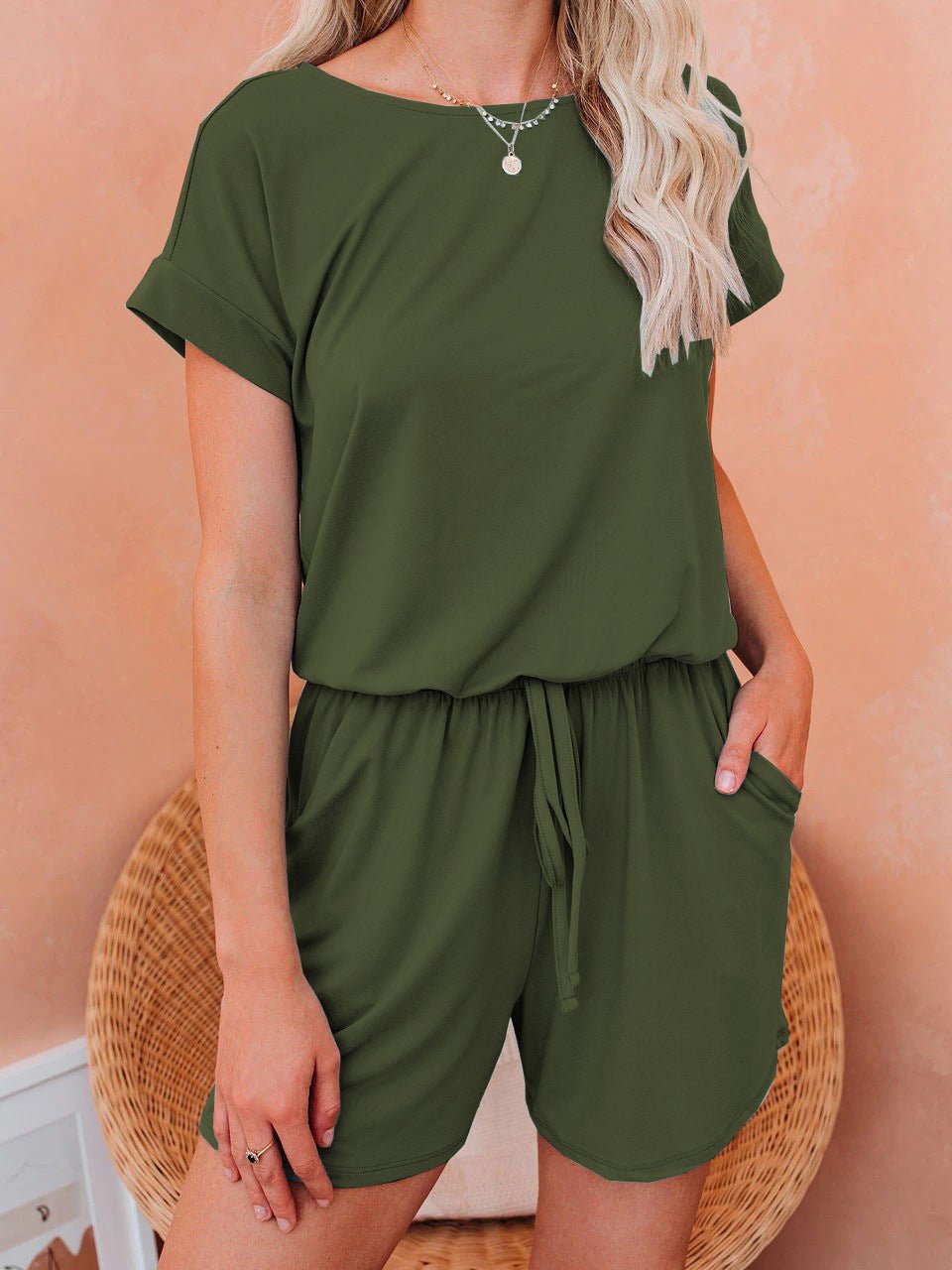 WW | Women's Jumpsuits Solid Short Sleeve Lace-Up Casual Jumpsuit