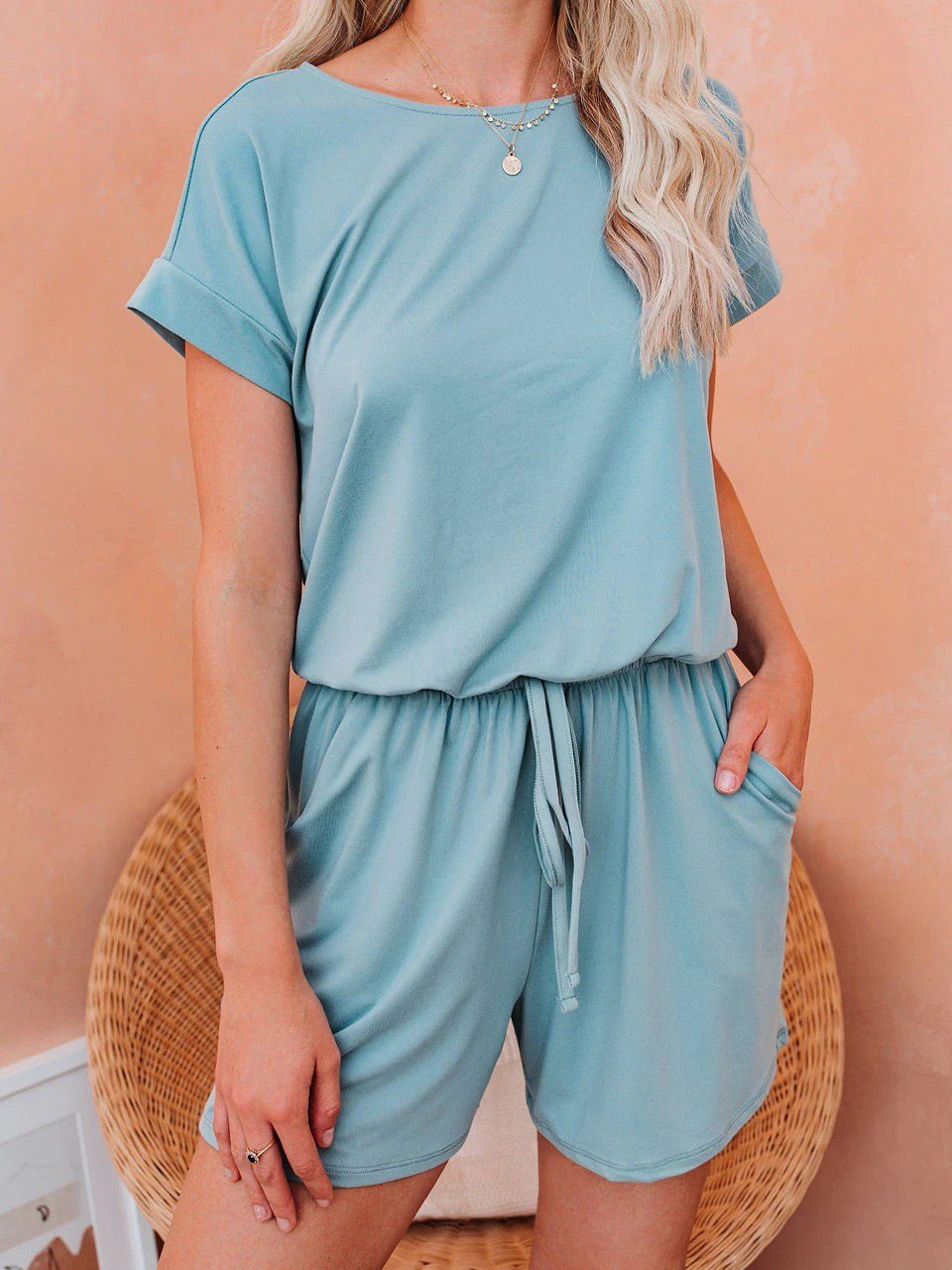 WW | Women's Jumpsuits Solid Short Sleeve Lace-Up Casual Jumpsuit