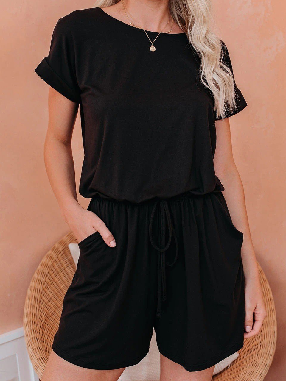 WW | Women's Jumpsuits Solid Short Sleeve Lace-Up Casual Jumpsuit