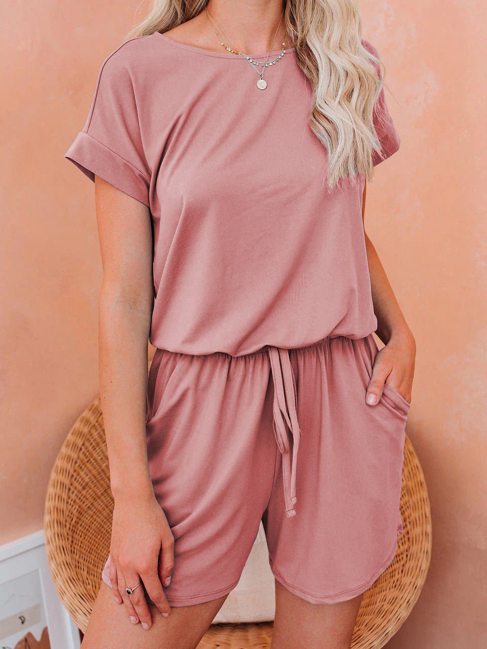 WW | Women's Jumpsuits Solid Short Sleeve Lace-Up Casual Jumpsuit
