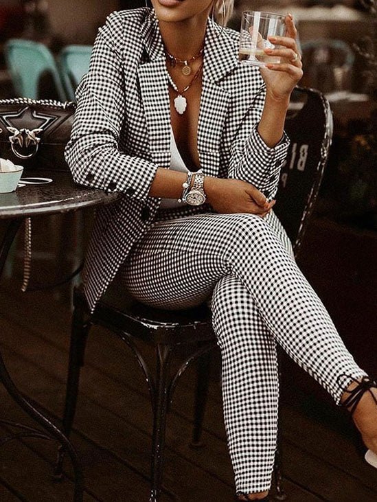 WW | Damen Set Check Slim Blazer & Hosen Zwei Teile Set
