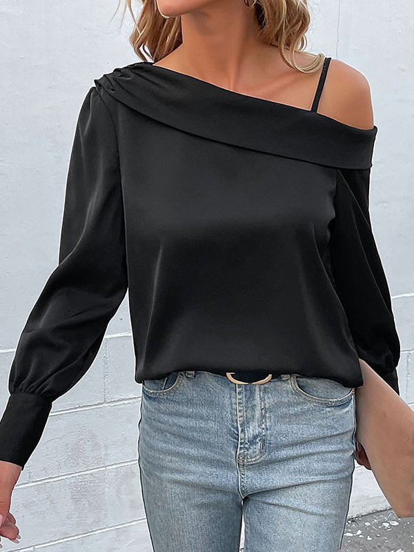 WW | Damen T-Shirts Unregelmäßig Schwarz Träger Langarm T-Shirt