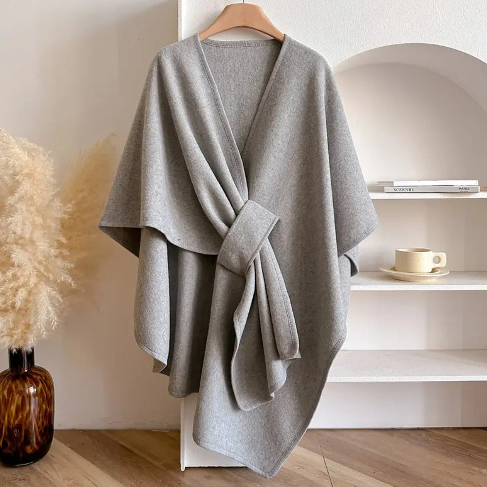 WW | Damen Drapierter Woll Poncho Mantel mit Taillengürtel
