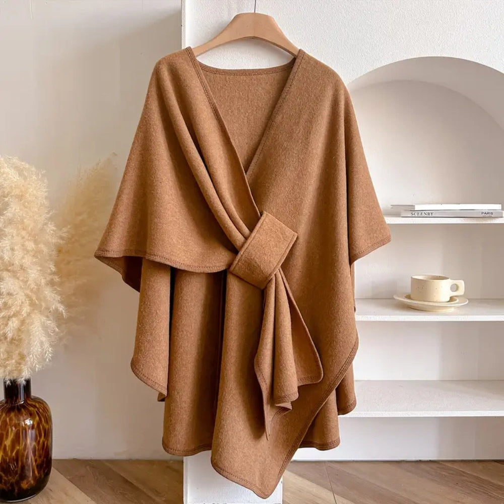 WW | Damen Drapierter Woll Poncho Mantel mit Taillengürtel
