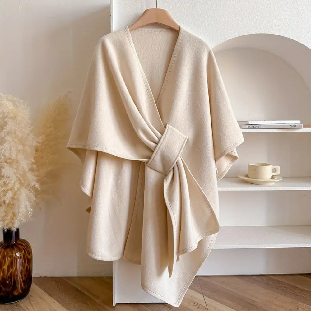 WW | Damen Drapierter Woll Poncho Mantel mit Taillengürtel