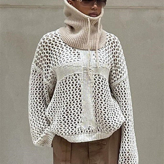 WW | Übergroß Fit Offenes Strickmuster Hoher Kragen Mit Schnürung Lässiger Look