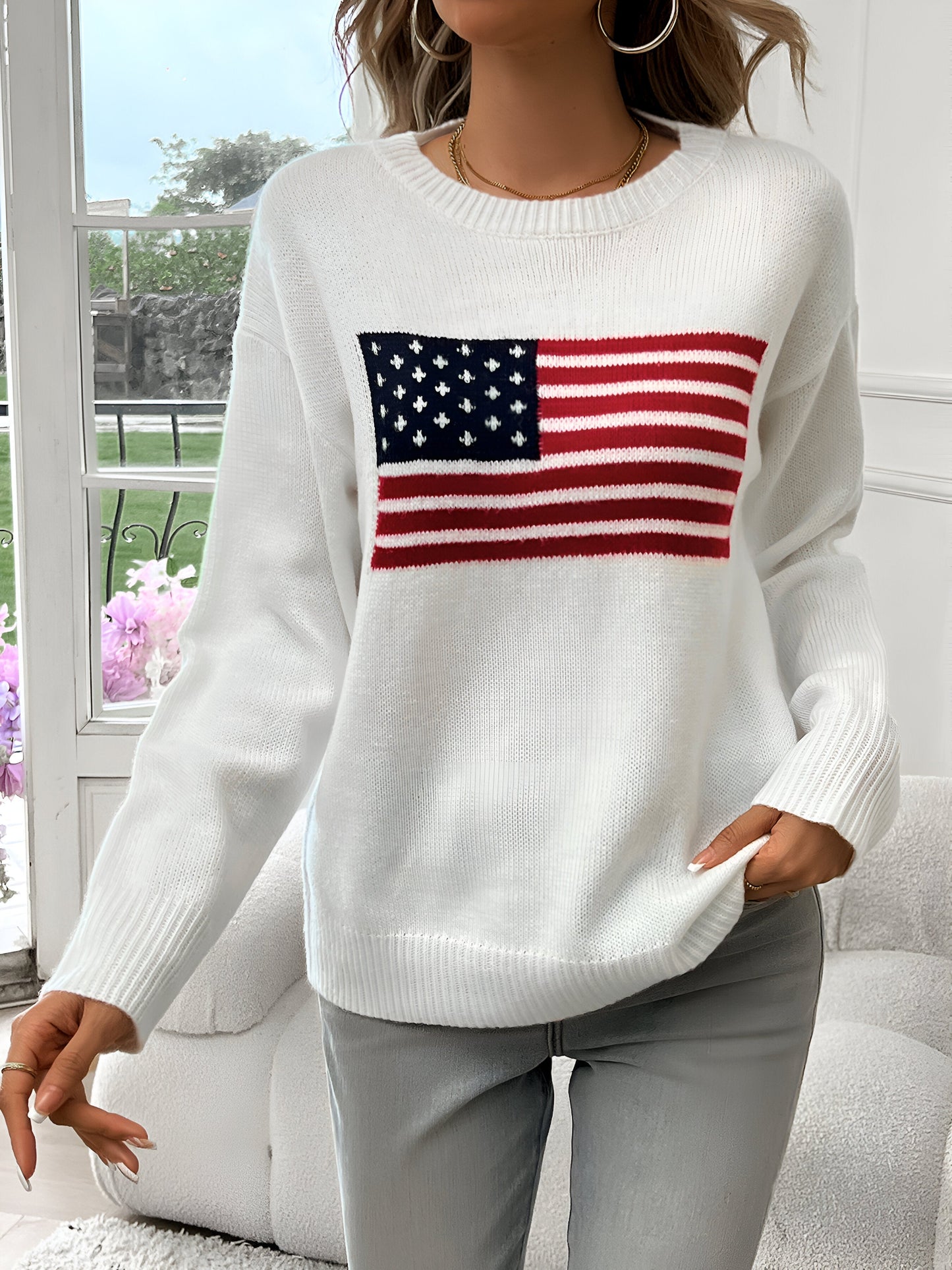 WW | Amerikanische Flagge Rundhalsausschnitt Pullover