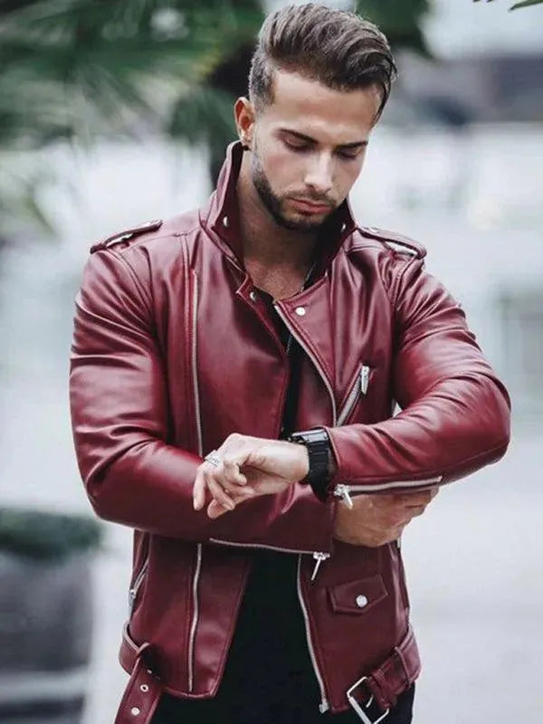 WW | Zipper Men's Leather Biker Jacket