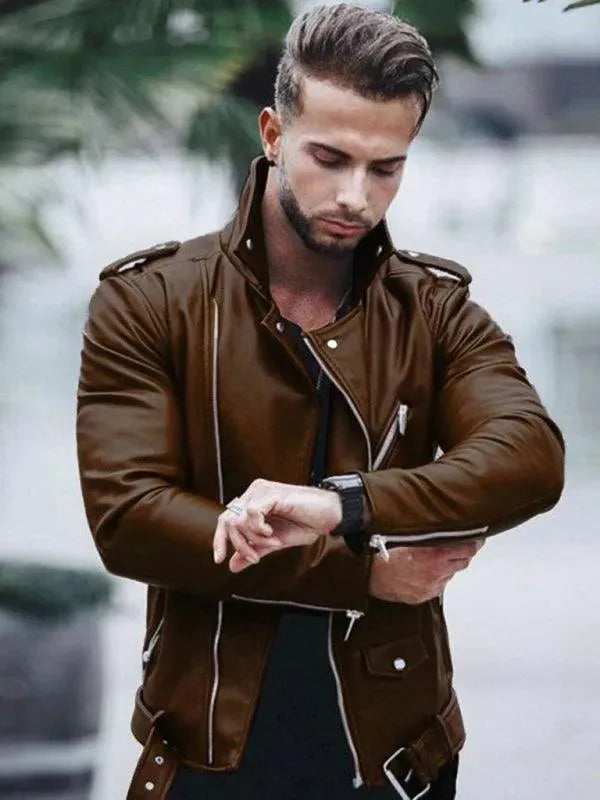 WW | Reißverschluss Männer Leder Bikerjacke
